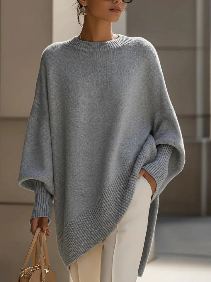 Premium Faux Cashmere Poncho Sweater - Slouchy Batwing Sleeve Crewneck Loose Pullover Plus Size