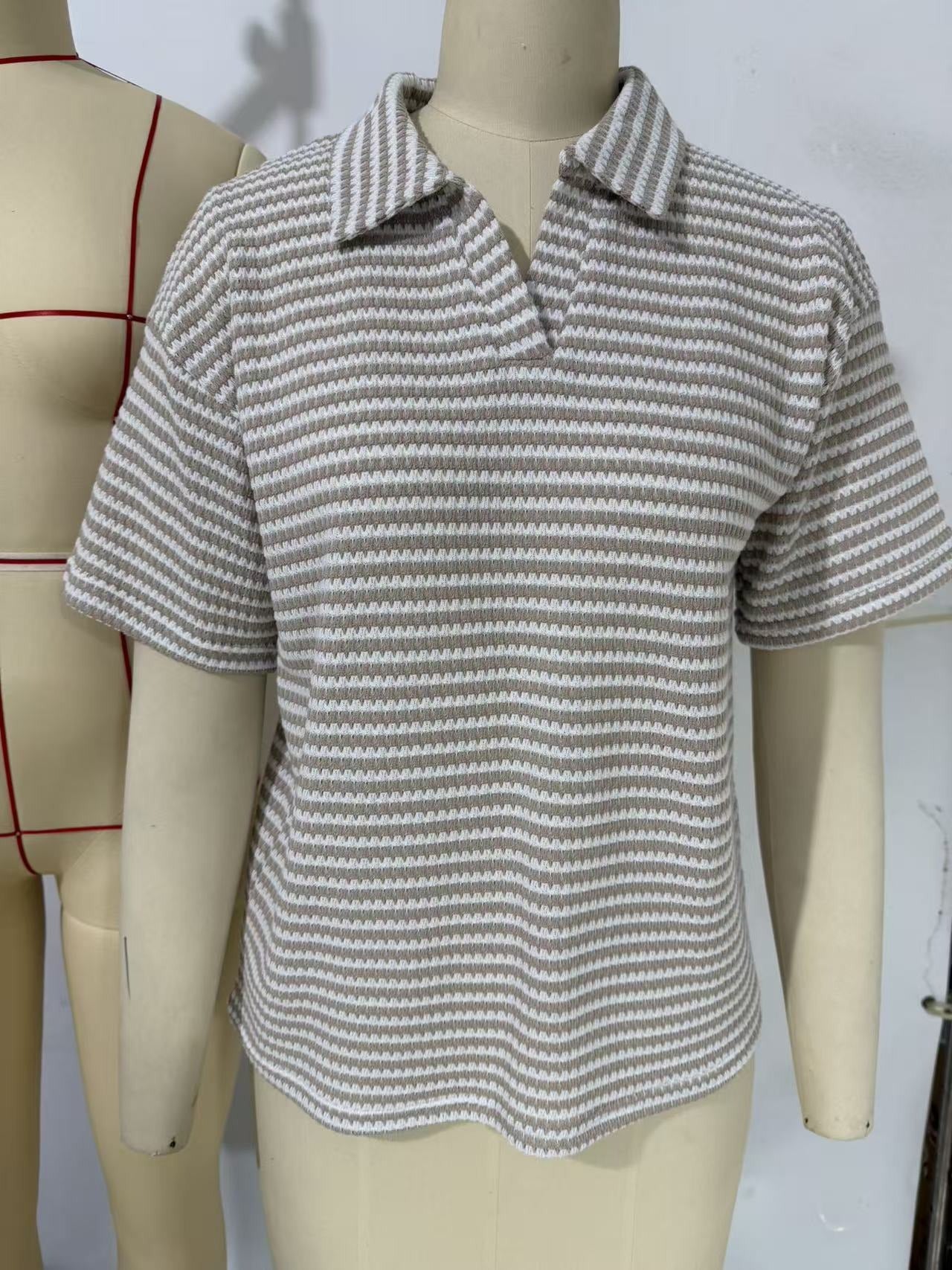 Striped Knit Polo Neck Short Sleeve Top | Casual Loose Fit V-Neck Pullover Breathable Sweater Blouse