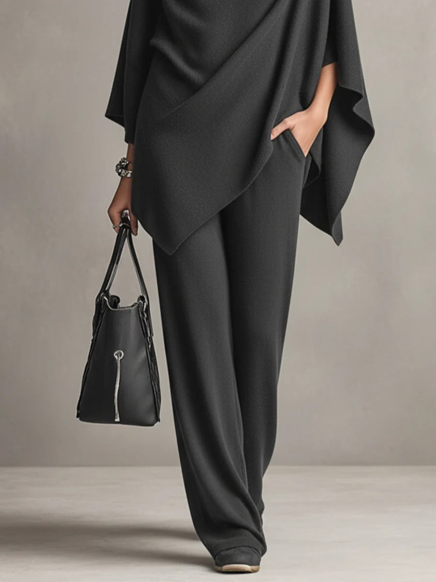 Elegant Cowl Neck Poncho & Wide-Leg Pants 2-Piece Knit Set