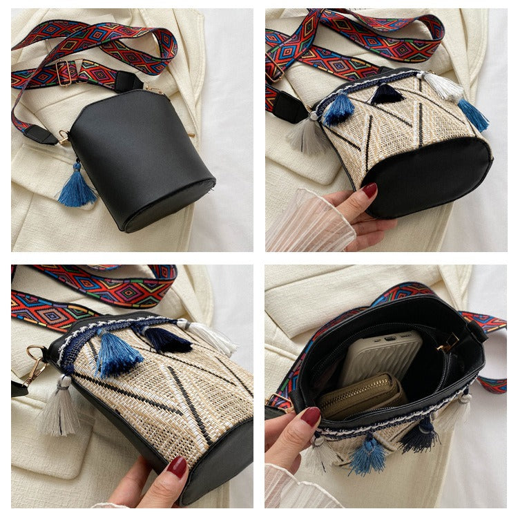 Bohemian Straw Bucket Crossbody Bag - Vintage Tribal Woven Beach Purse with Tassels & Wide Strap
