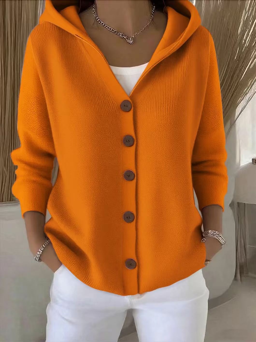 Women's Hooded Knitted Cardigan | Casual Button Down Solid Color Long Sleeve Sweater Coat