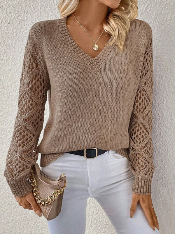 Women's Hollow Out Lace Sleeve Sweater | Casual V-Neck Solid Color Long Sleeve Pullover Top