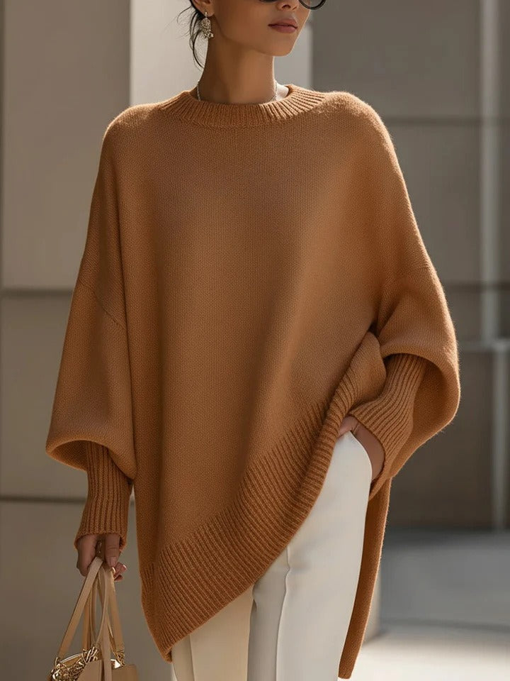 Premium Faux Cashmere Poncho Sweater - Slouchy Batwing Sleeve Crewneck Loose Pullover Plus Size