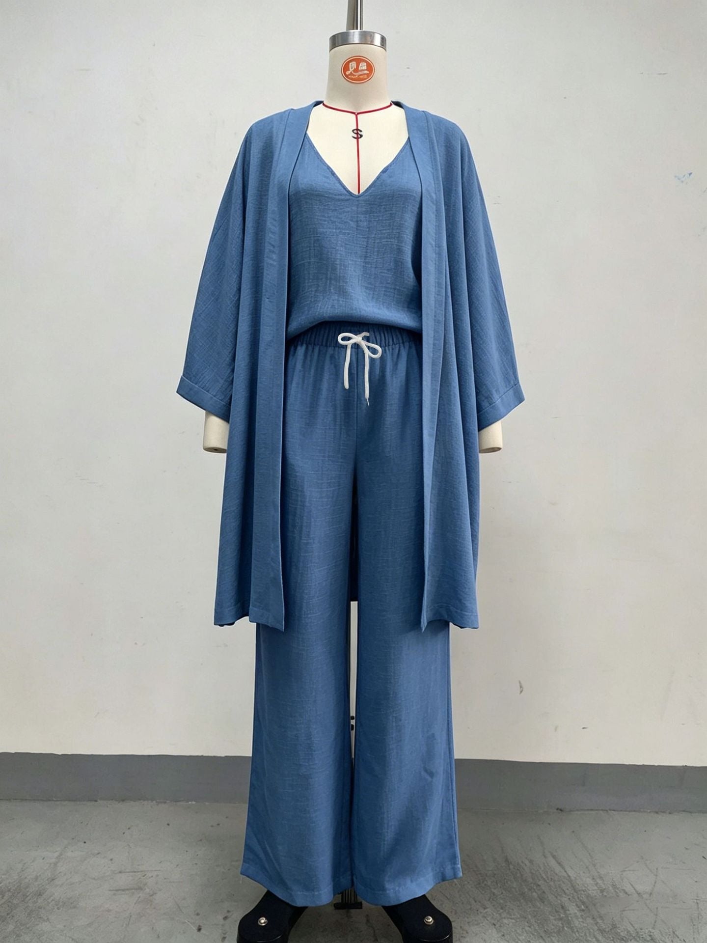 Women's Linen-Look 3-Piece Set - Oversized Cardigan, V-Neck Cami & Wide Leg Pants