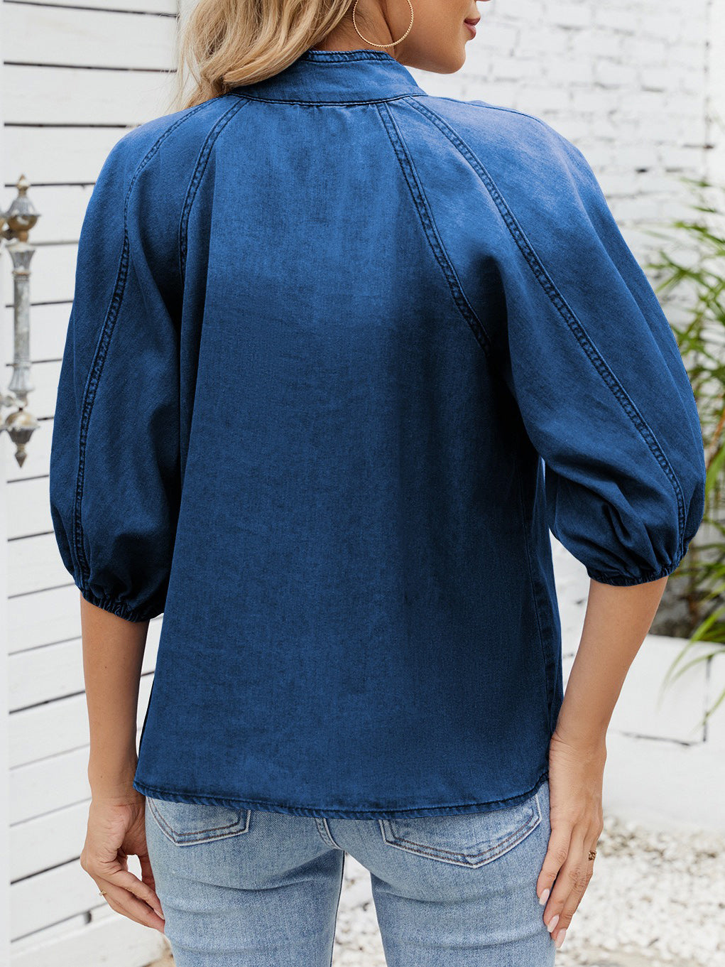 Designer Puff Half Sleeve Denim Shirt - Retro Mock Neck Tie-Front Blouse for Women