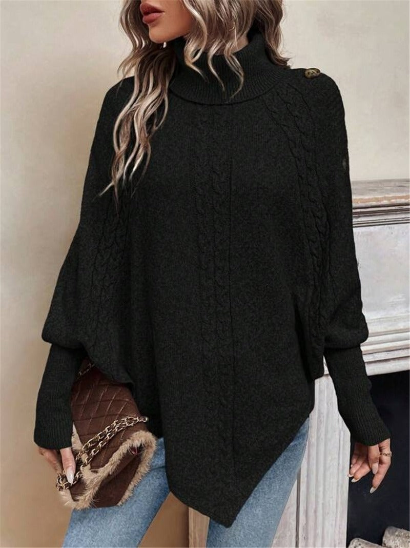 Elegant Cable Knit High Neck Poncho Sweater - Button Detail Batwing Sleeve Loose Pullover