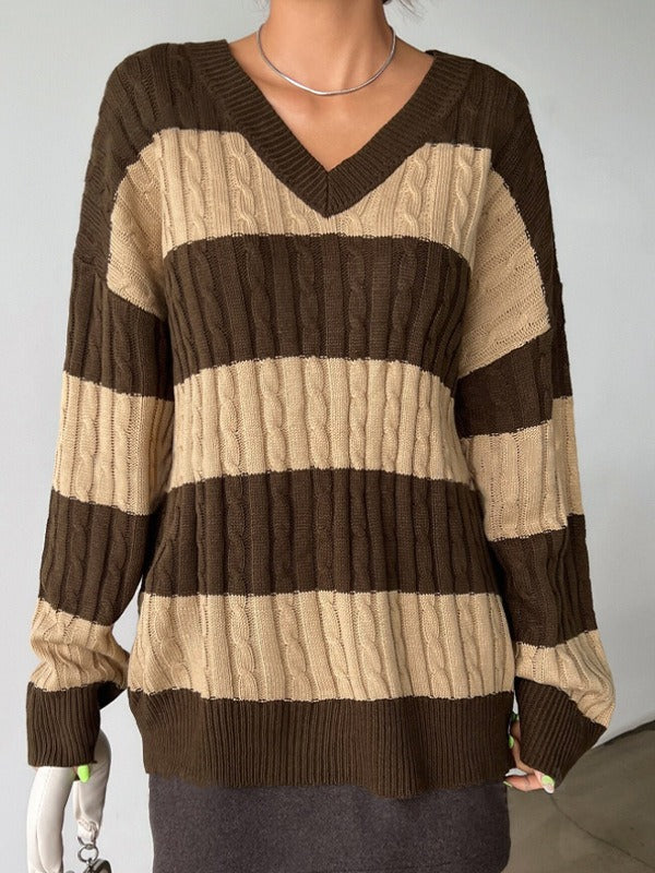 Women's Striped Cable Knit V-Neck Sweater | Casual Loose Fit Color Block Pullover Top