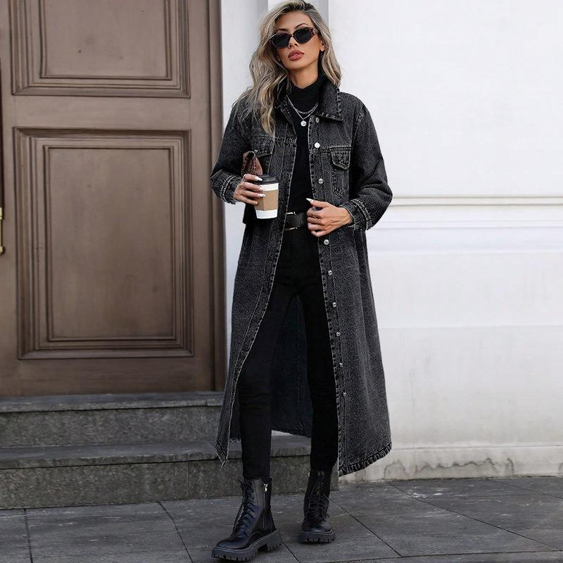 Maxi Denim Trench Coat for Women - Casual Long Sleeve Turn-Down Collar Washed Winter Duster Jacket