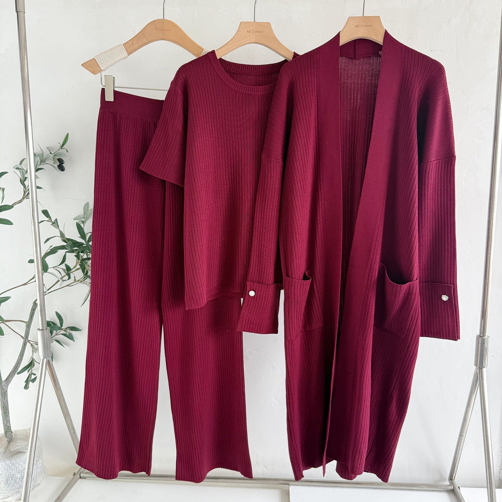 Elegant 3-Piece Ribbed Knit Set - Open Front Long Duster Cardigan, Crewneck Tee & Wide Leg Pants Lounge Set