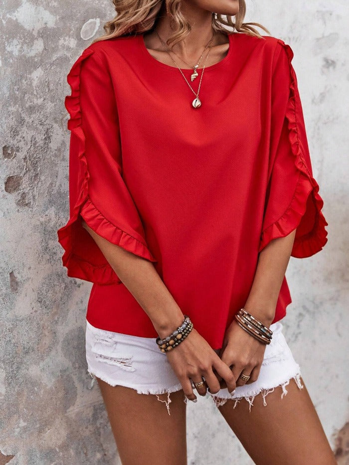 Solid Crew Neck Ruffle Blouse | Loose Fit 3/4 Asymmetric Flounce Sleeve Casual Elegant Top