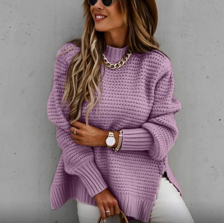 Chunky Knit Mock Neck Sweater - Loose Fit Side Slit Long Sleeve Pullover Sweater Plus Size