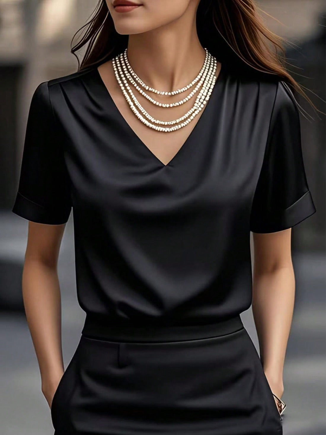 Elegant Satin V-Neck Blouse | Casual Loose Pleated Shoulder Short Sleeve Silky T-Shirt Top