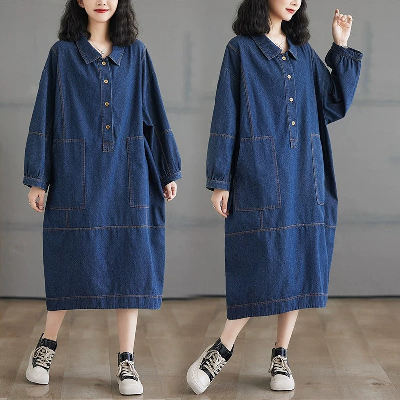 Vintage Oversized Denim Dress for Women - Artsy Button-Up Peter Pan Collar Jumper