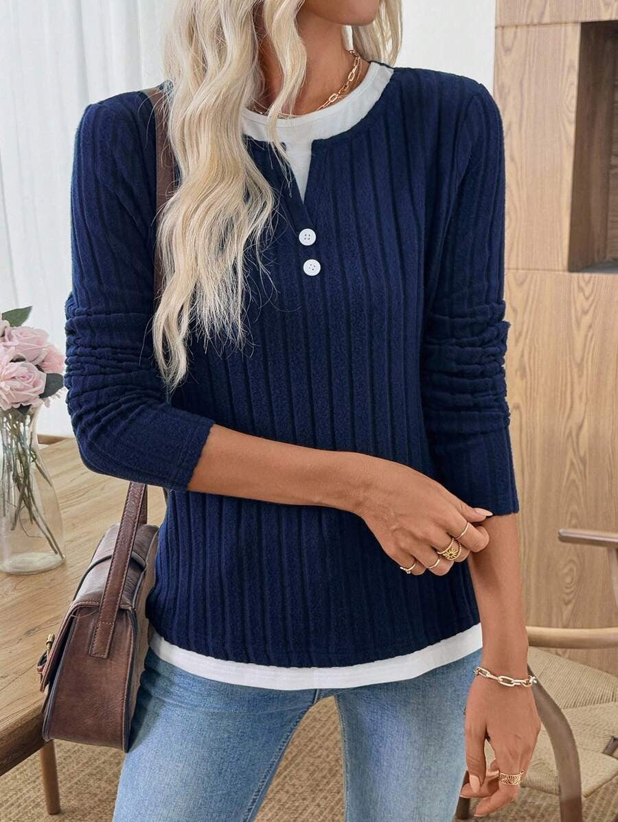 Ribbed Knit Faux Two-Piece Layered Sweater | Casual Button Decor Long Sleeve Brushed Pullover Top