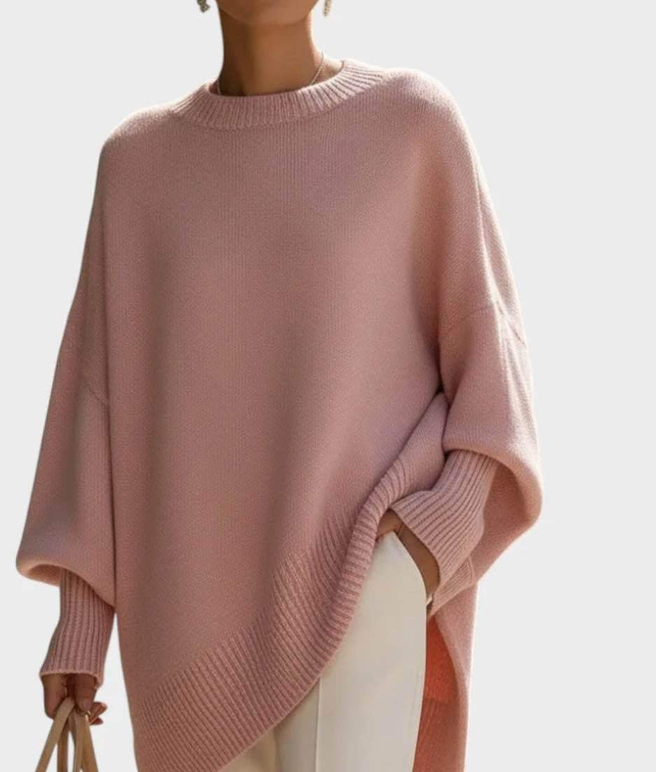Premium Faux Cashmere Poncho Sweater - Slouchy Batwing Sleeve Crewneck Loose Pullover Plus Size