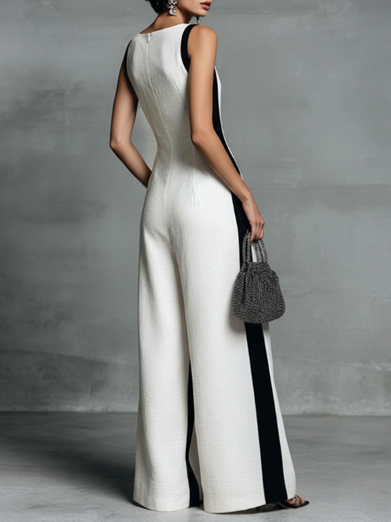 Sexy Color-Block Deep V-Neck Sleeveless Wide-Leg Jumpsuit