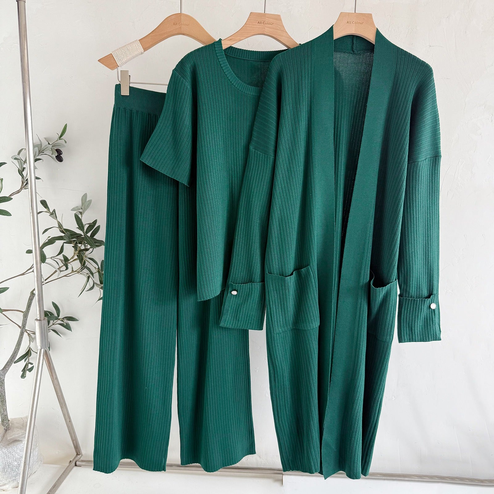 Elegant 3-Piece Ribbed Knit Set - Open Front Long Duster Cardigan, Crewneck Tee & Wide Leg Pants Lounge Set