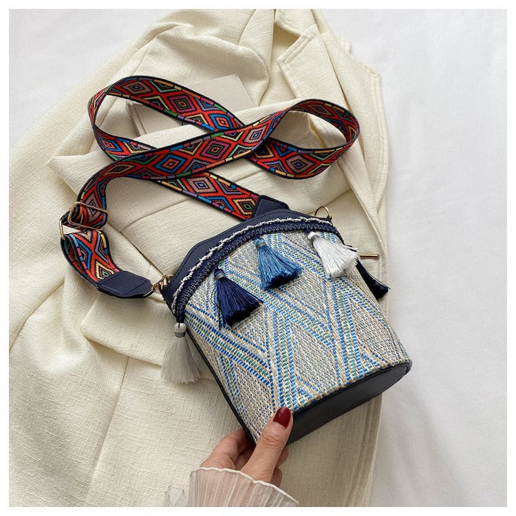 Bohemian Straw Bucket Crossbody Bag - Vintage Tribal Woven Beach Purse with Tassels & Wide Strap