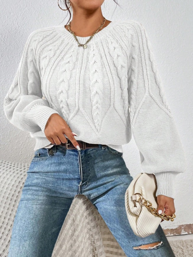 Women's Cable Knit Pullover Sweater | Casual Round Neck Long Sleeve Ribbed Jumper Top