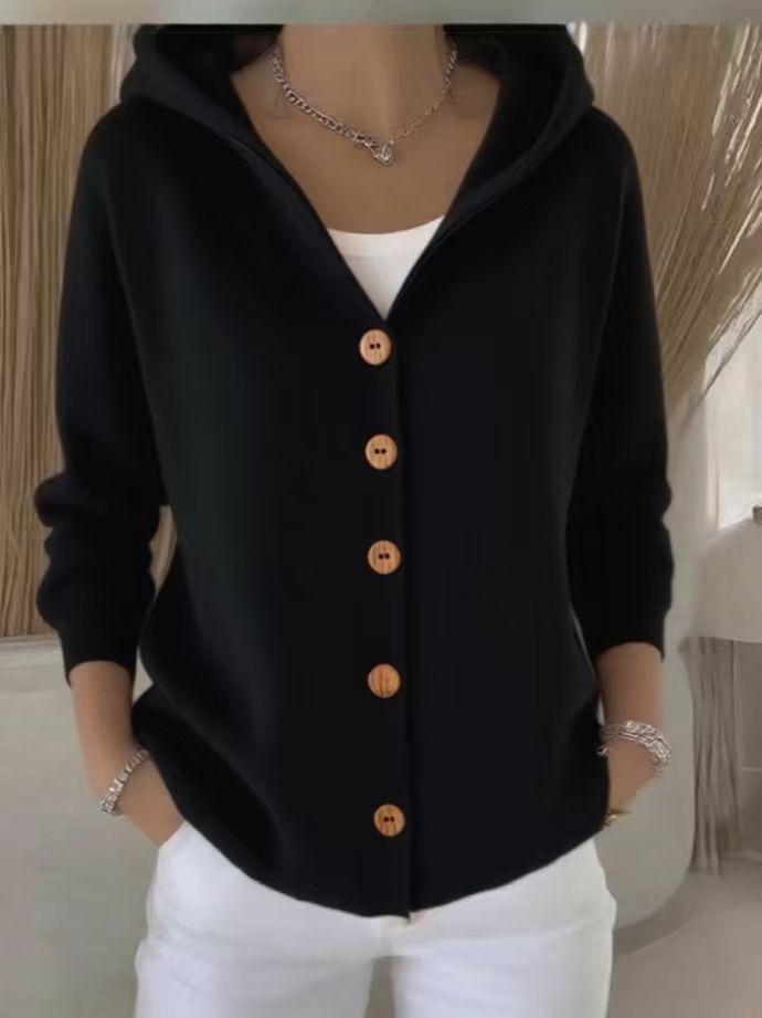 Women's Hooded Knitted Cardigan | Casual Button Down Solid Color Long Sleeve Sweater Coat