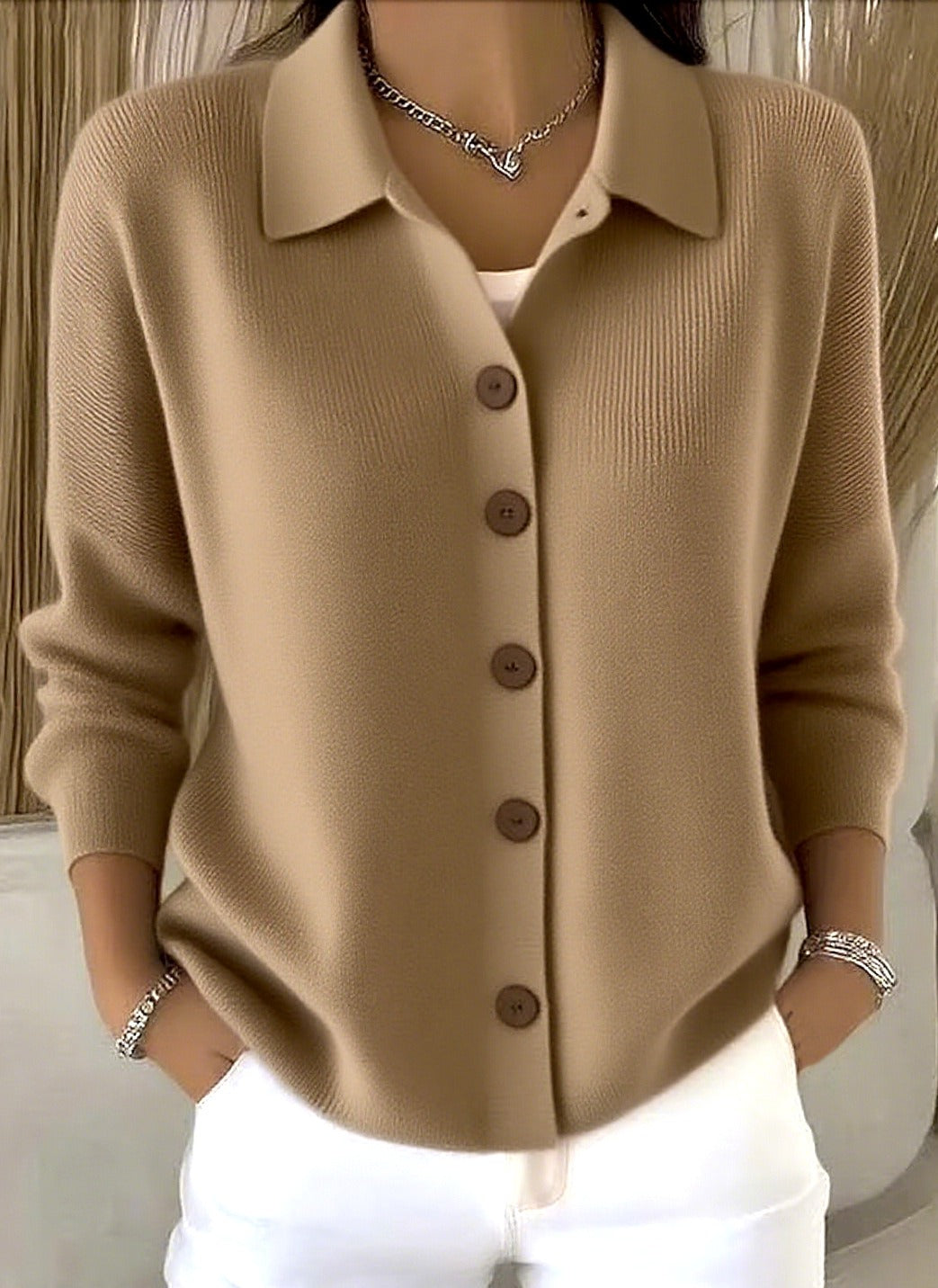 Women's Knit Button Down Cardigan | Casual Polo Collar Long Sleeve Solid Sweater Jacket