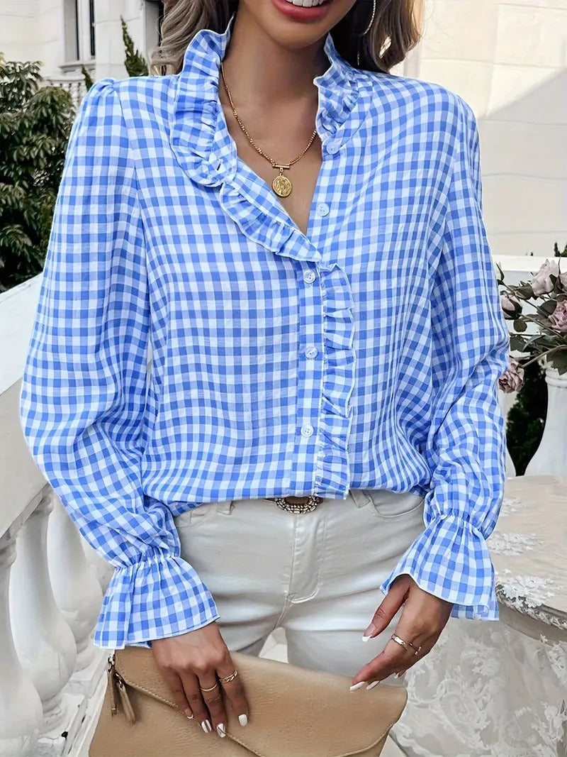Cottagecore Gingham Check Shirt | Romantic Frill Trim V-Neck Blouse with Flared Cuffs