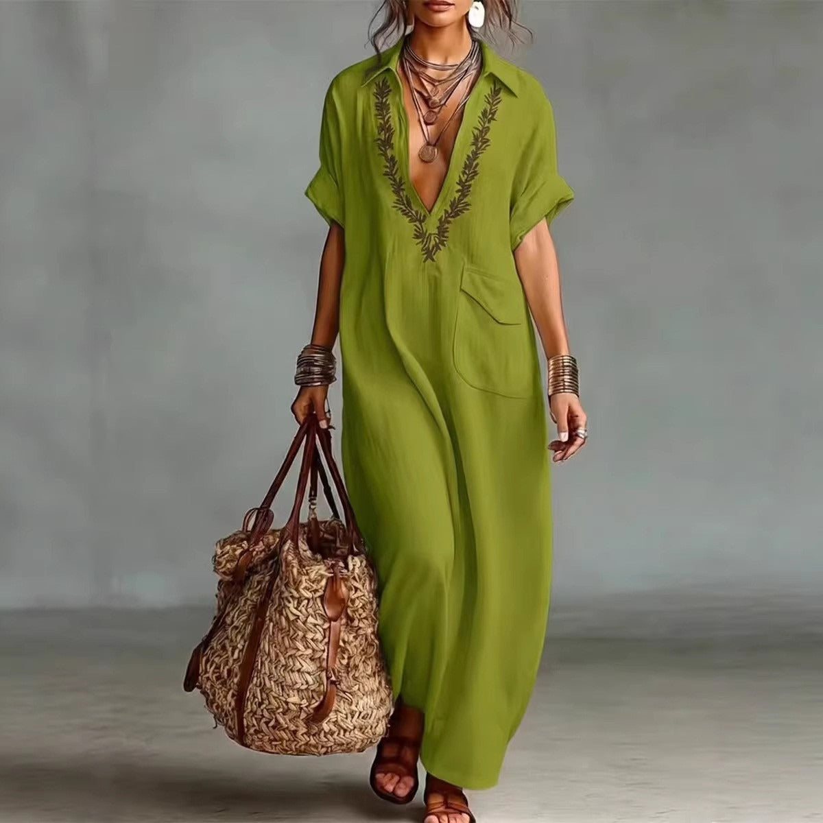 Boho Embroidered-Look Long Dress for Women - Elegant Split Neck Resort Vacation Kaftan