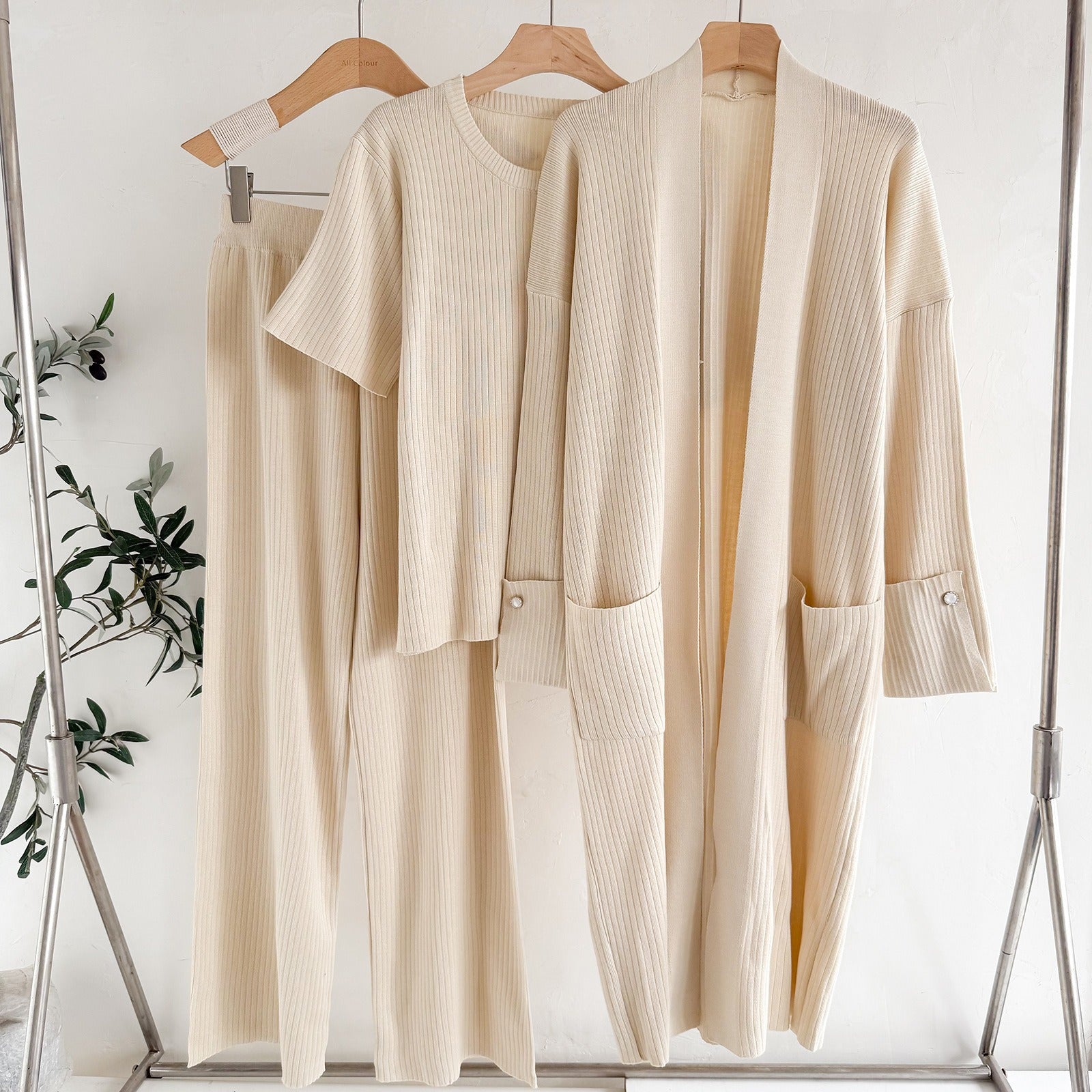 Elegant 3-Piece Ribbed Knit Set - Open Front Long Duster Cardigan, Crewneck Tee & Wide Leg Pants Lounge Set