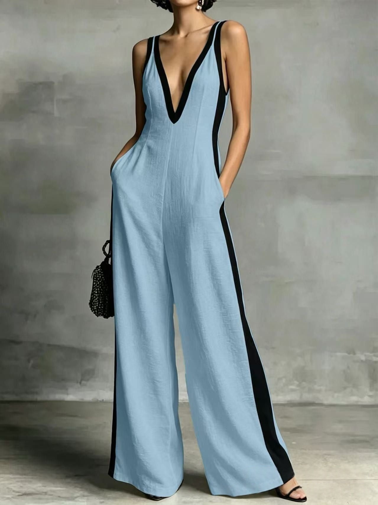 Sexy Color-Block Deep V-Neck Sleeveless Wide-Leg Jumpsuit