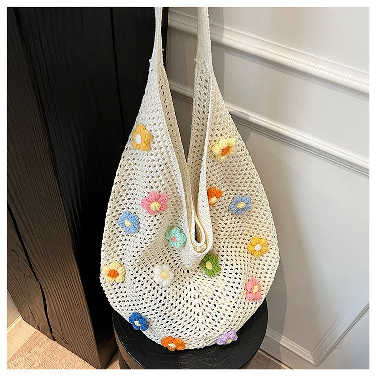 Bohemian Slouchy Crochet Tote Bag - Handmade Straw Knit Shoulder Purse with 3D Flower Patches