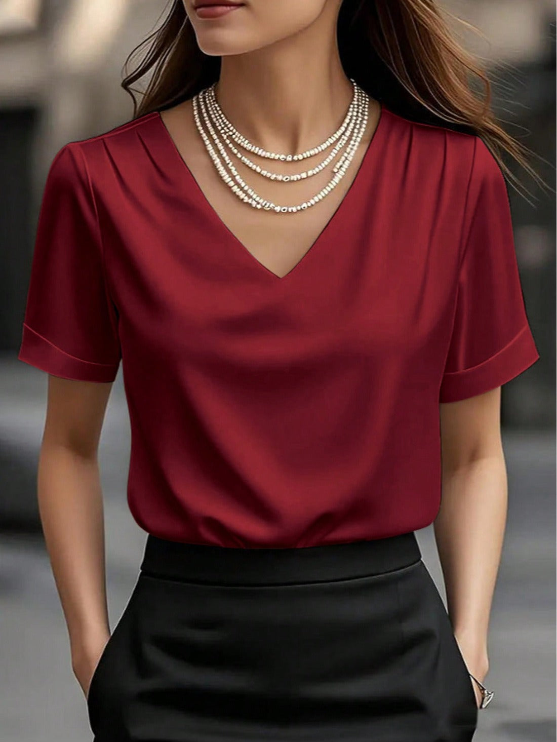 Elegant Satin V-Neck Blouse | Casual Loose Pleated Shoulder Short Sleeve Silky T-Shirt Top