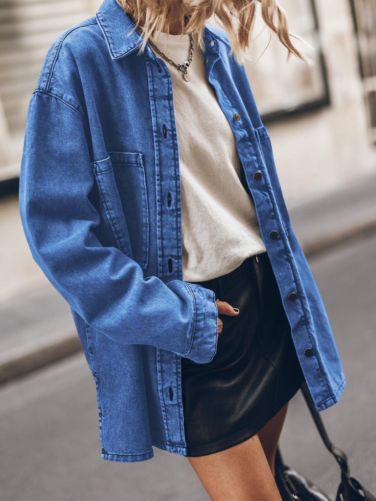 Vintage Solid Blue Denim Shirt for Women - Slouchy Mid-Long Jacket with Large Pockets