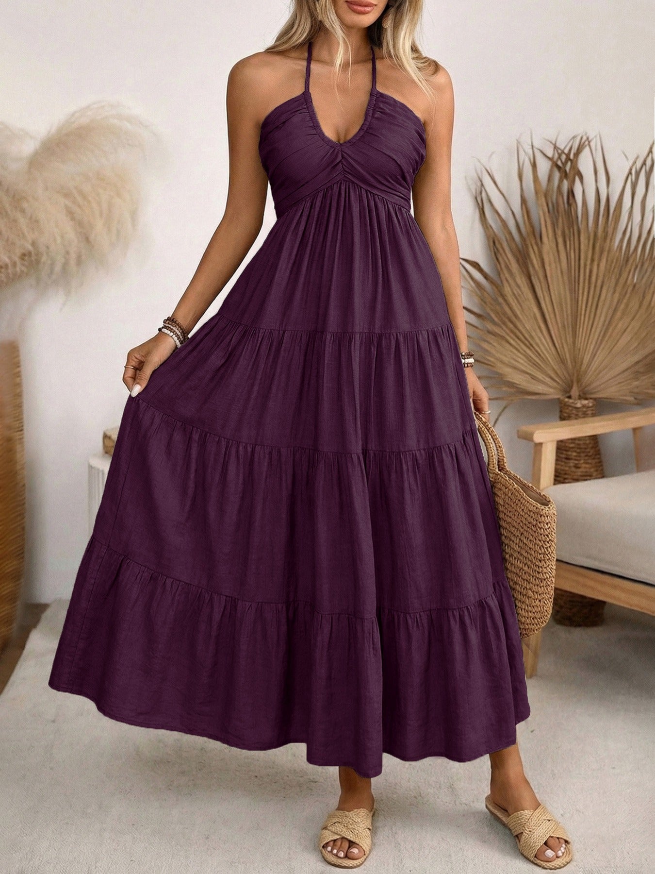 Bohemian Halter Neck Backless Maxi Dress - Ruched V-Neck Tiered Summer Beach Resort Long Sun Dress