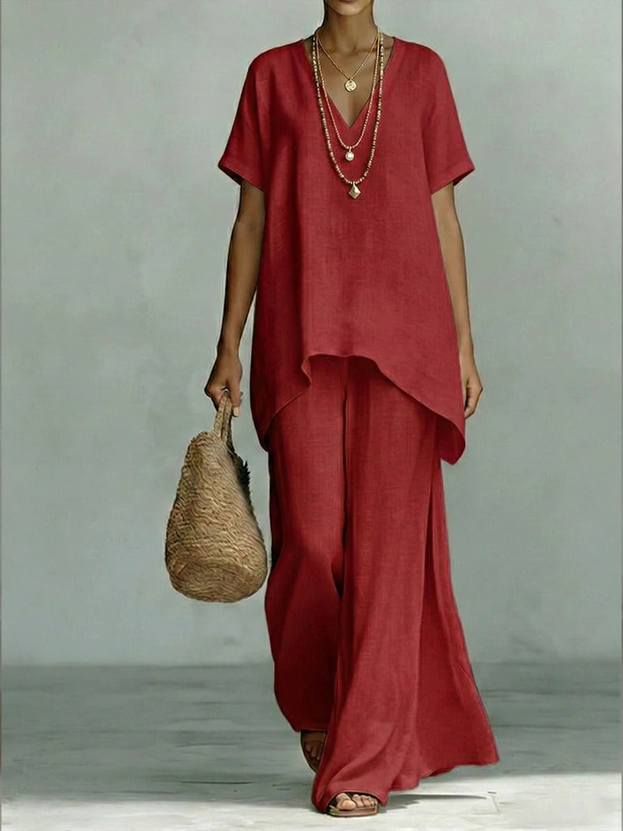 Ensemble d'été minimaliste bleu ciel pour femmes – Tunique chic à ourlet irrégulier et pantalon palazzo fluide, tenue de villégiature légère 2 pièces