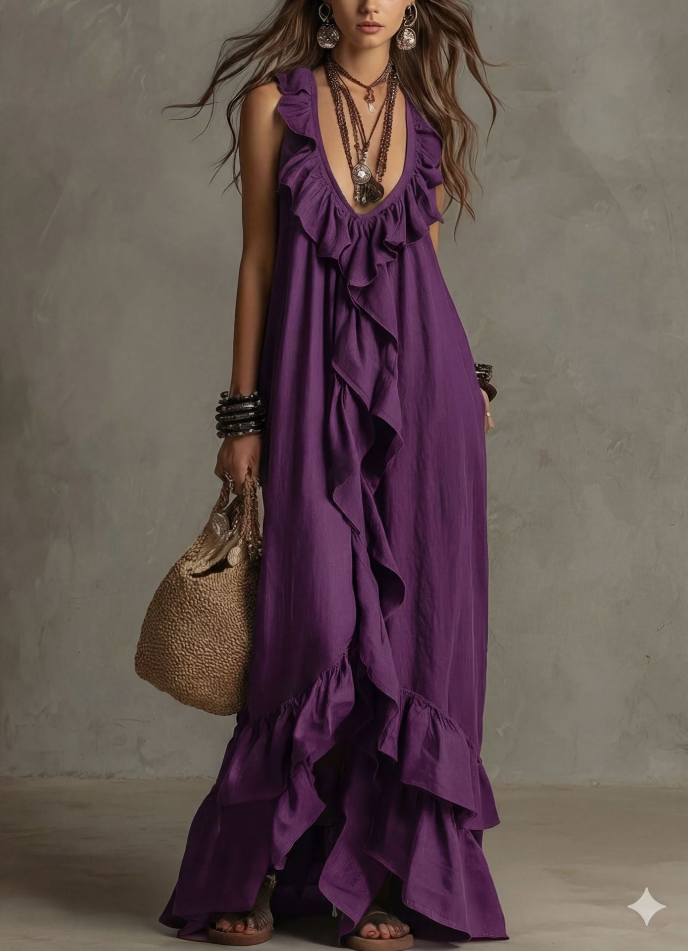 Sleeveless Deep V-Neck Summer Dress | Breathable Linen-Blend Textured Tiered Maxi