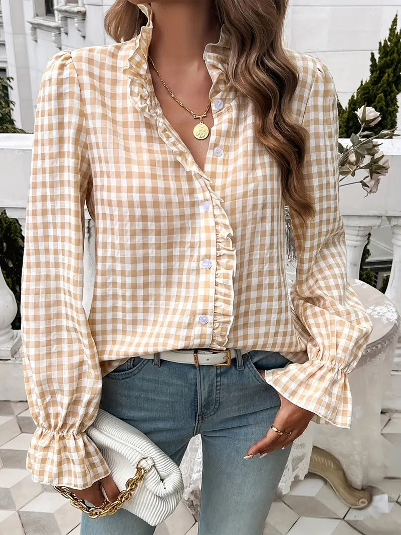 Cottagecore Gingham Check Shirt | Romantic Frill Trim V-Neck Blouse with Flared Cuffs