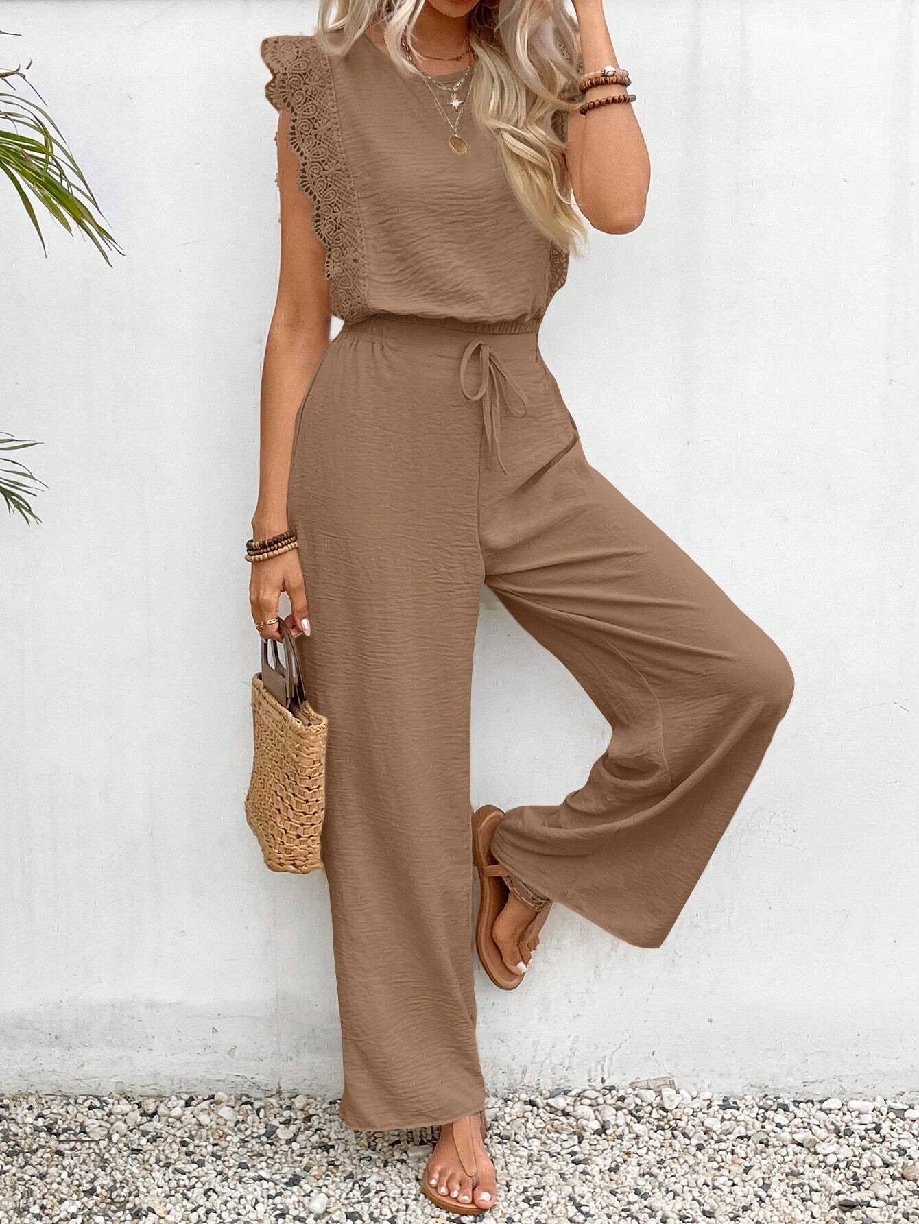 Boho Two-Piece Matching Set | Sleeveless Lace Trim Top & Drawstring Wide Leg Pants Suit