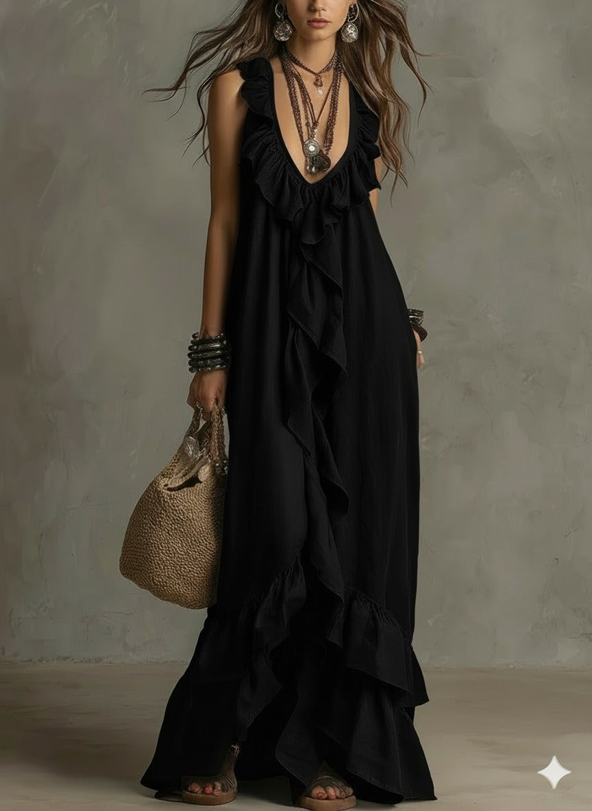 Women's Boho Ruffle Maxi Dress - V-Neck Sleeveless Flowy Beach Long Dress