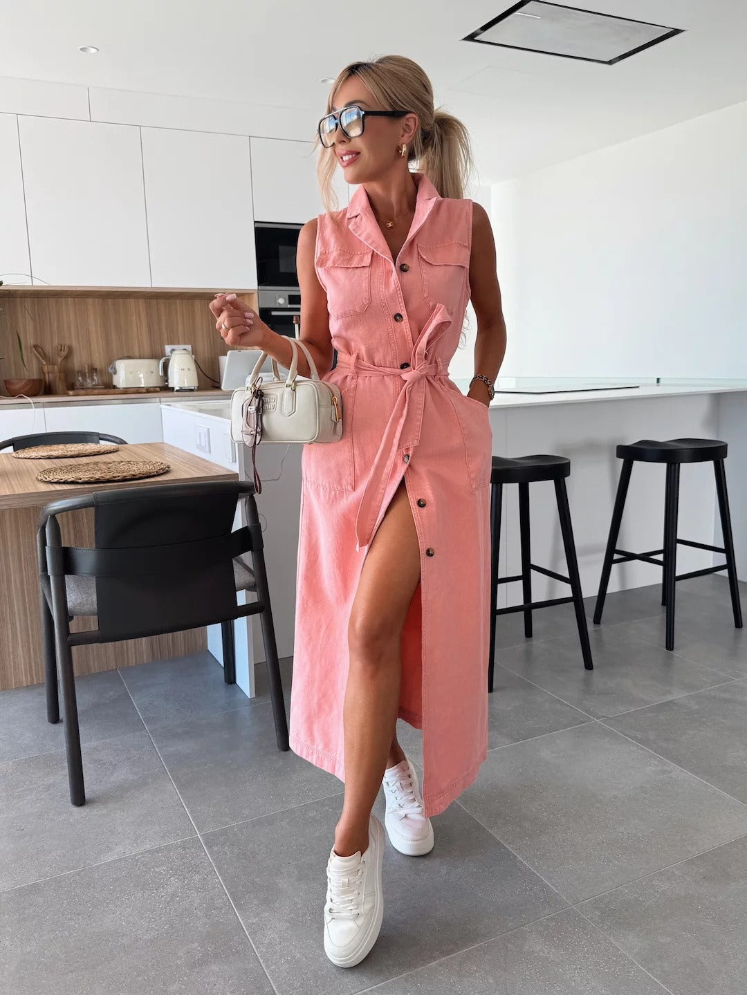 Vintage Solid Pink Denim Shirt Dress for Women - Elegant Turn-Down Collar Vest Dress