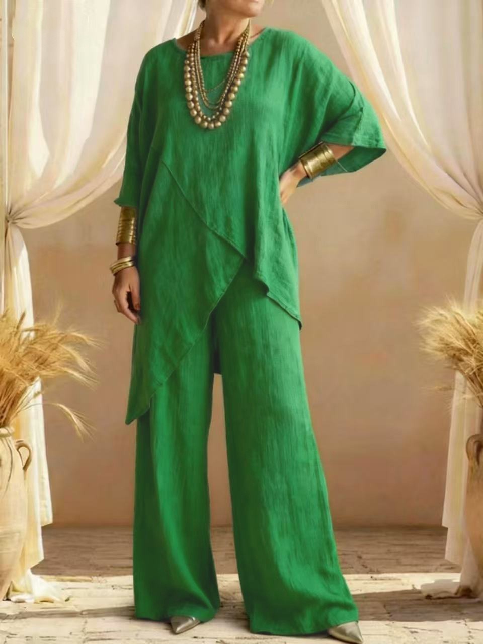 Ensemble deux pièces asymétrique en lin pour femmes – Tunique superposée oversize et pantalon large, ensemble décontracté d'été style bohème