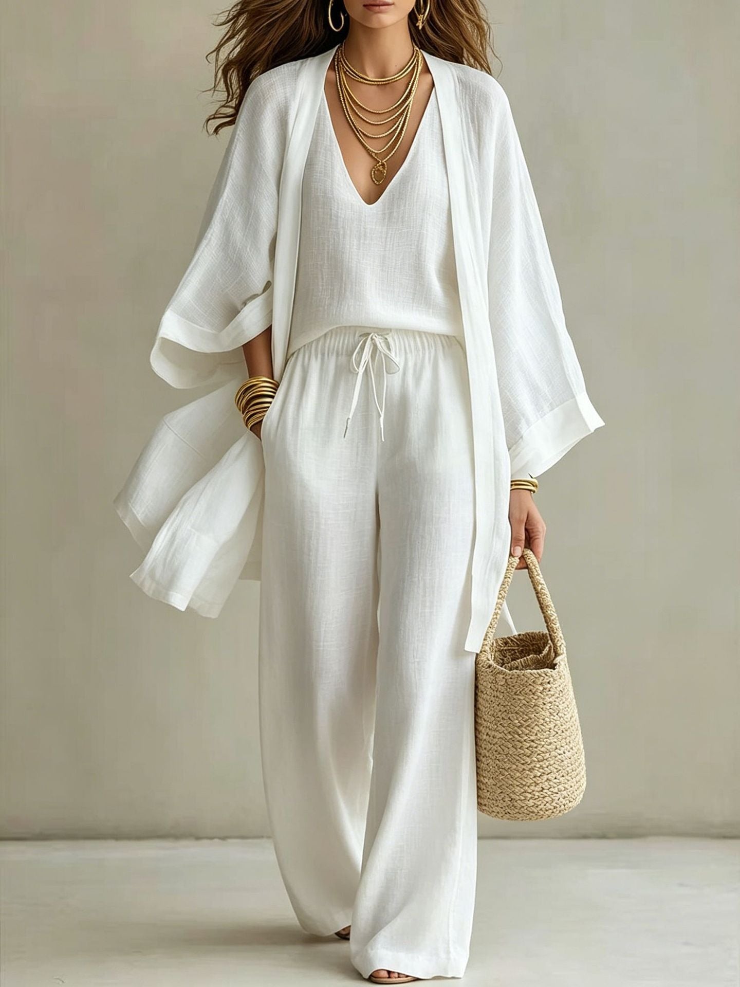Women's Linen-Look 3-Piece Set - Oversized Cardigan, V-Neck Cami & Wide Leg Pants