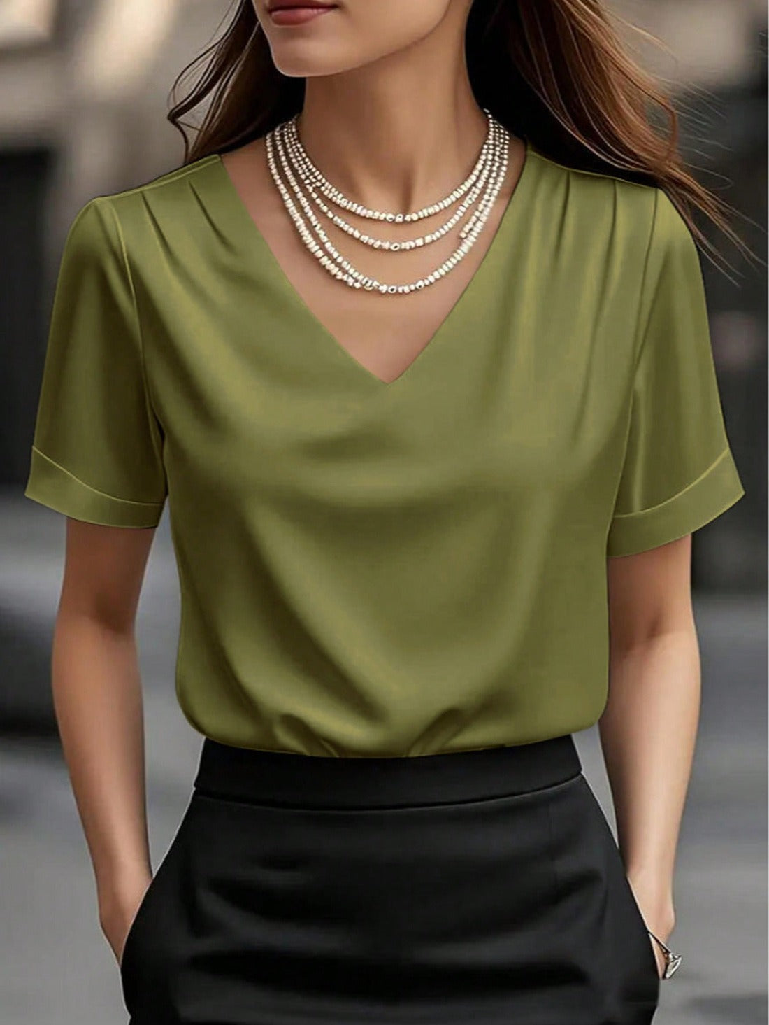 Elegant Satin V-Neck Blouse | Casual Loose Pleated Shoulder Short Sleeve Silky T-Shirt Top