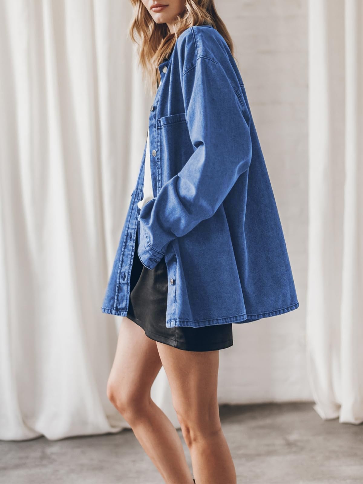 Vintage Solid Blue Denim Shirt for Women - Slouchy Mid-Long Jacket with Large Pockets