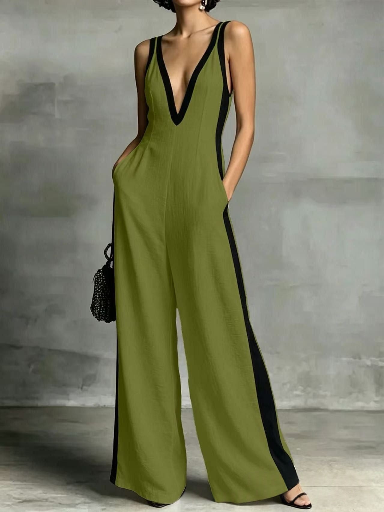 Sexy Color-Block Deep V-Neck Sleeveless Wide-Leg Jumpsuit