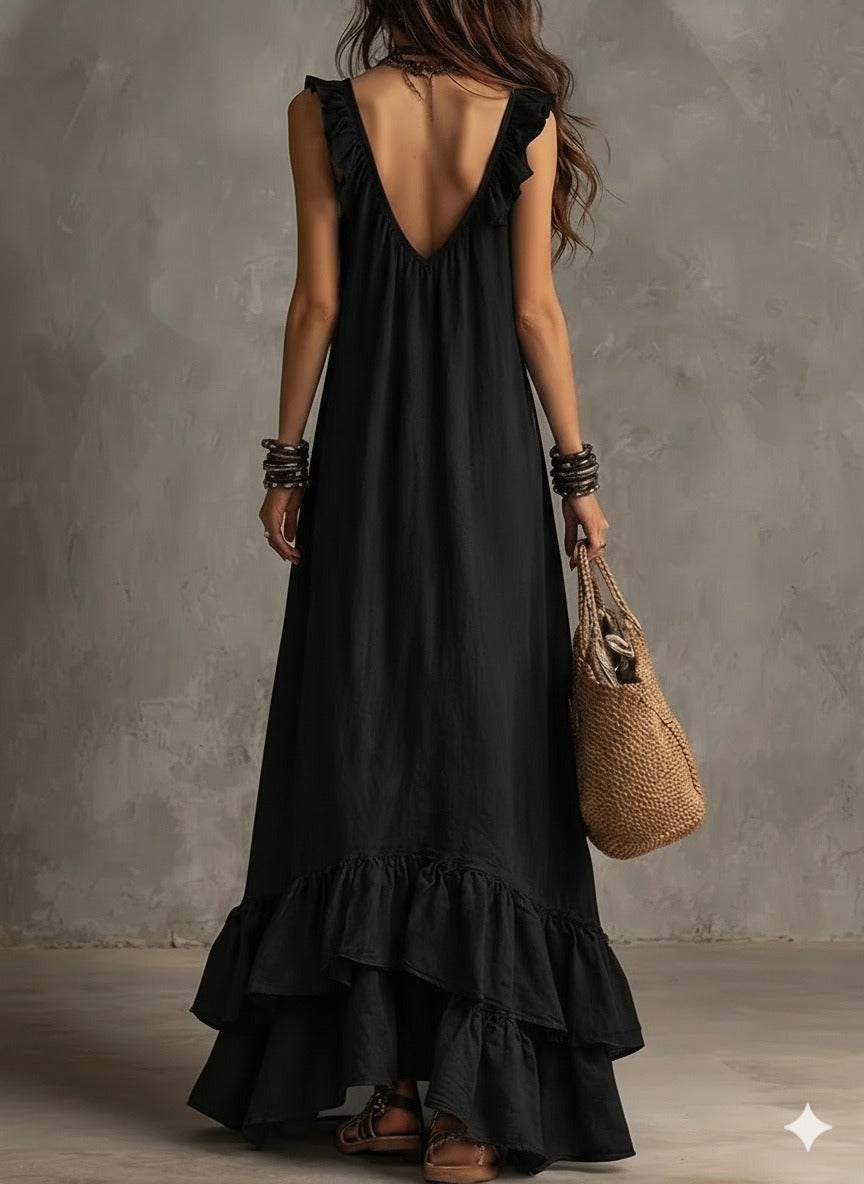 Women's Boho Ruffle Maxi Dress - V-Neck Sleeveless Flowy Beach Long Dress