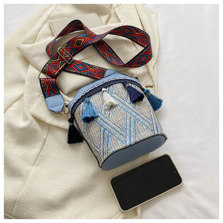 Bohemian Straw Bucket Crossbody Bag - Vintage Tribal Woven Beach Purse with Tassels & Wide Strap