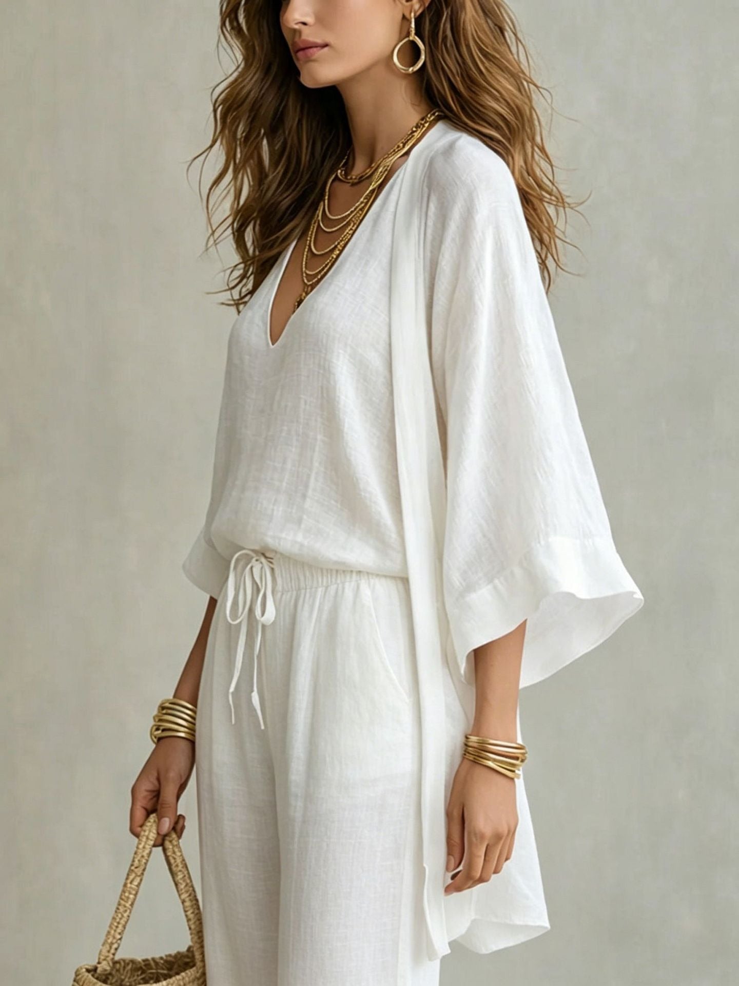 Women's Linen-Look 3-Piece Set - Oversized Cardigan, V-Neck Cami & Wide Leg Pants