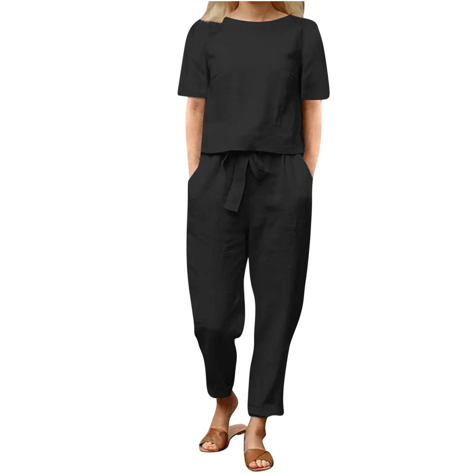 Ensemble assorti d'été minimaliste beige pour femme – Tunique chic en coton et lin et pantalon sarouel ceinturé, tenue 2 pièces légère pour le quotidien