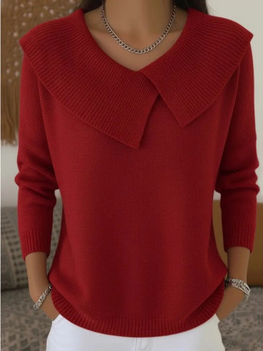 Women's Asymmetric Sailor Collar Sweater | Casual Solid Color Long Sleeve Knit Pullover