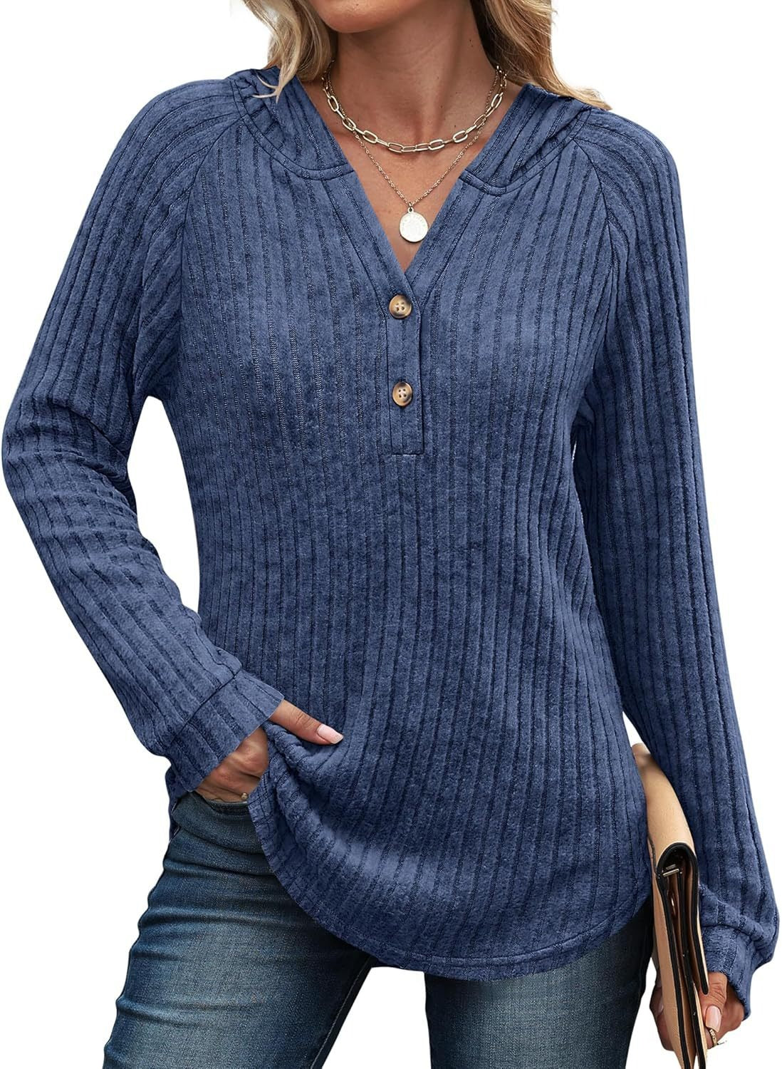 Women's Loose Fit Soft Knit Hooded Sweatshirt with Henley Buttons